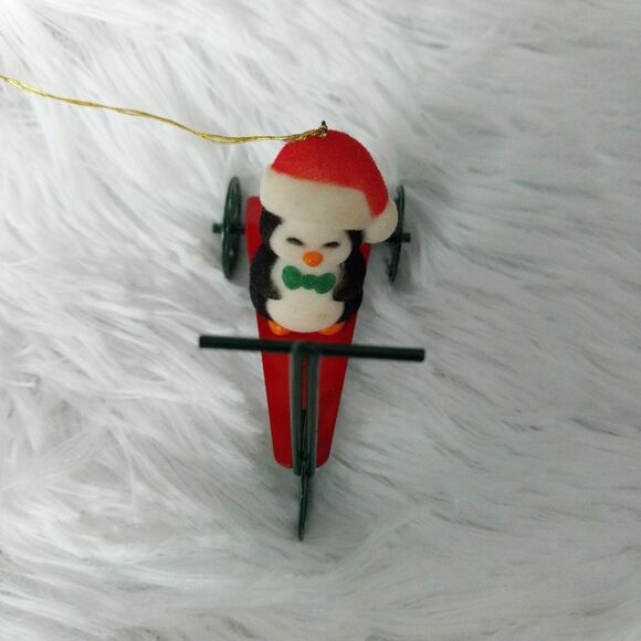 Vintage 80s Avon Jolly Penguin On Scooter with Santa Hat Christmas Ornament - Picture 2 of 11